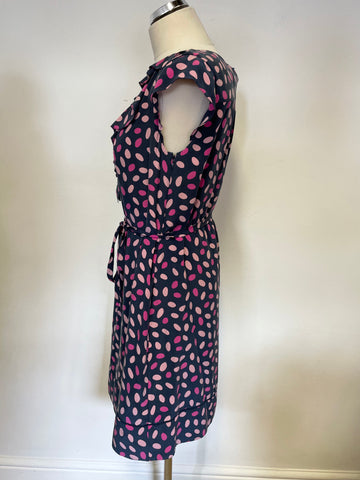 HOBBS NW3 BLUE & PINK SPOT SILK FRILL NECKLINE CAP SLEEVE TIE BELT DRESS SIZE 12