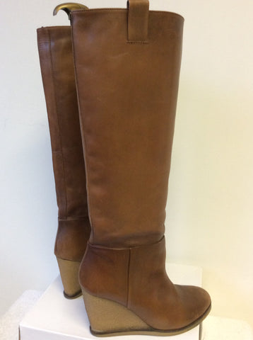 ZARA WOMAN TAN LEATHER WEDGE HEEL KNEE LENGTH BOOTS SIZE 5/38