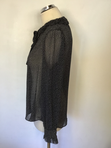 LK BENNETT ELIZA NAVY BLUE & WHITE SPOT TIE NECKLINE LONG SLEEVE BLOUSE SIZE 10