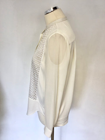 THE KOOPLES CREAM LACE FRONT LEATHER TRIM NECKLINE LONG SLEEVE BLOUSE SIZE S