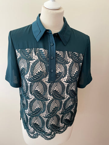 KAREN MILLEN BOTTLE GREEN LACE FRONT SHORT SLEEVE COLLARED TOP SIZE 12