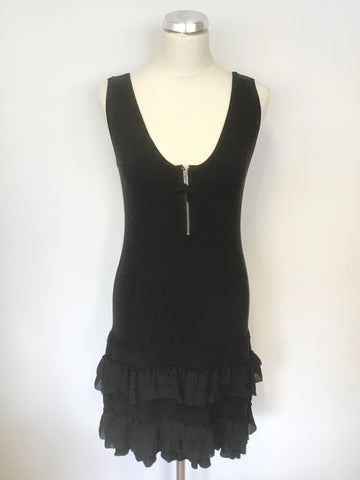 KAREN MILLEN BLACK SLEEVELESS FRILL TRIM KNIT DRESS SIZE 3 UK 10/12