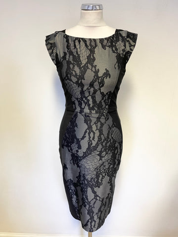 FRENCH CONNECTION BLACK & GREY LACE PRINT FRONT PENCIL DRESS  SIZE 6