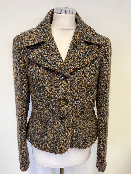 HOBBS BROWN & TURQUOISE WOOL BLEND TWEED JACKET SIZE 14