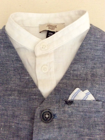 ARMANI BABY WHITE SHIRT & BLUE WAISTCOAT & SHORTS OUTFIT AGE 12 MONTHS