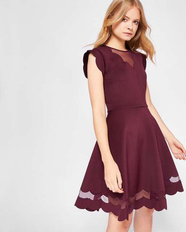 TED BAKER SHARLOT MAROON MESH INSERT SKATER DRESS SIZE 4 UK 14