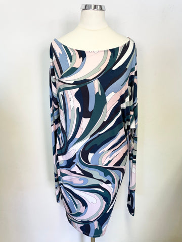 EMILIO PUCCI PINK,BLUE, WHITE & GREEN SHADES PRINT STRETCH JERSEY DRESS SIZE 10