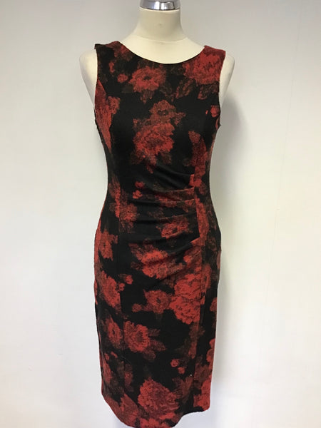 PHASE EIGHT RED & BLACK FLORAL PRINT WOOL BLEND PENCIL DRESS SIZE 10