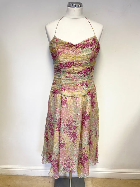 Mandolin Multicoloured Silk Print Halterneck Dress Size 12