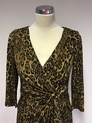TINA B. NEW YORK BROWN LEOPARD PRINT 3/4 SLEEVE WRAP STYLE DRESS SIZE S UK 10/12