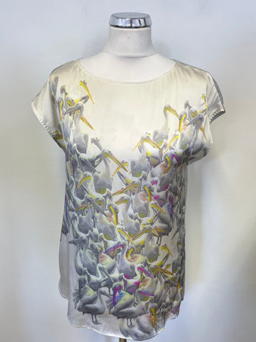 MARCCAIN GREY WITH SILK FRONT CRANE PRINT CAP SLEEVE TOP SIZE 2 UK 10/12