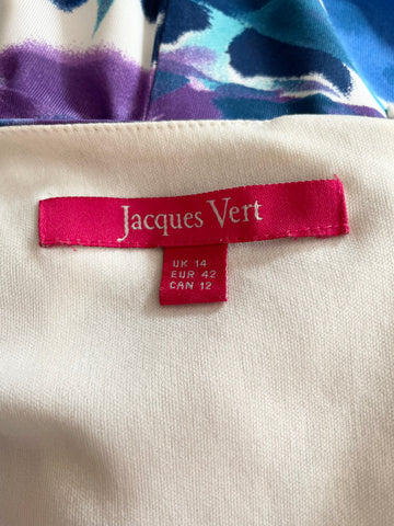 JACQUES VERT BLUE,TURQUOISE & PURPLE PRINT SLEEVELESS COWL NECK DRESS SIZE 14