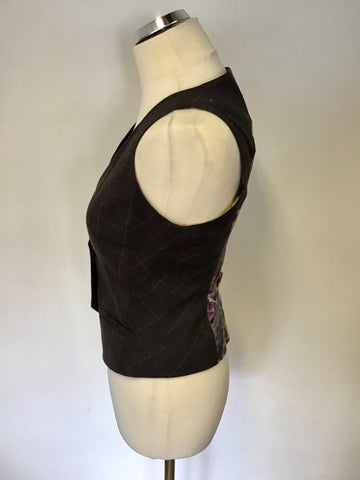 TED BAKER DARK BROWN CHECK WOOL BLEND WAISTCOAT & TROUSERS SIZE 1 UK 10