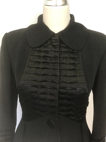 TEMPERLEY BLACK WOOL & SILK PLEATED TRIM BUTTON FASTEN SILK LINED COAT SIZE 8
