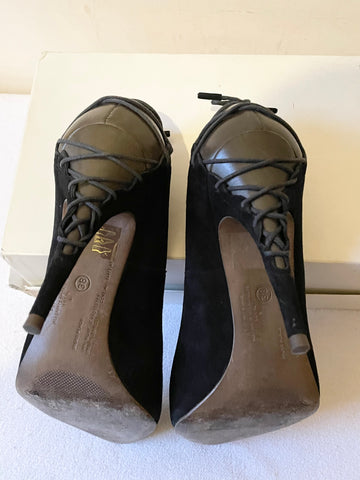 ALL SAINTS BLACK SUEDE & BROWN LEATHER LACE UP BACK HEELS SIZE 5/38