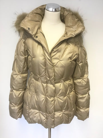 BETTY BARCLAY PALE GOLD 100% DOWN FILLED PADDED JACKET WITH RACOON FUR TRIM HOOD SIZE 8