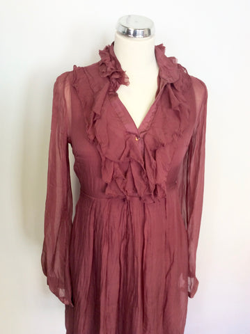 PHASE EIGHT TERRACOTTA SILK OVERLAY LONG SLEEVE RUFFLE TRIM DRESS SIZE L UK 12/14
