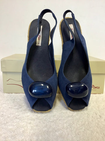BRAND NEW TONI PONS BLUE LEATHER WEDGE HEEL SANDALS SIZE 4/37