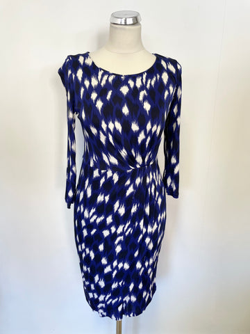 LK BENNETT SARAH ROYAL BLUE & WHITE PRINT 3/4 SLEEVE STRETCH JERSEY DRESS SIZE 10