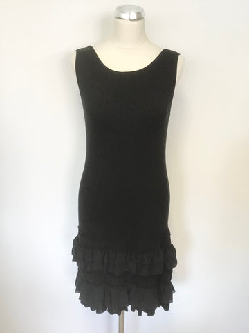 KAREN MILLEN BLACK SLEEVELESS FRILL TRIM KNIT DRESS SIZE 3 UK 10/12