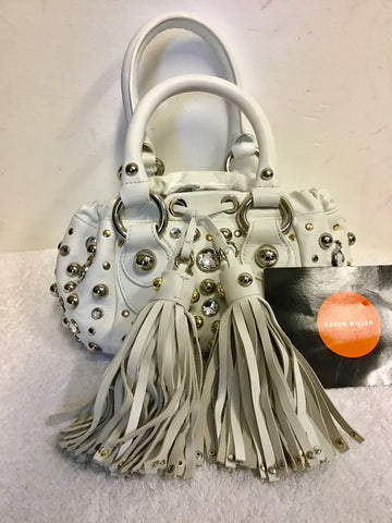 KAREN MILLEN WHITE LEATHER STUDDED TASSEL TRIM HAND BAG