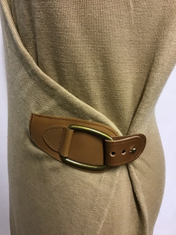 RALPH LAUREN CAMEL SLEEVELESS KNIT JACKET WITH LEATHER BUCKLE FASTEN SIZE XS