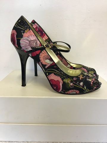 GUESS BY MARCIANO BLACK FLORAL PRINT PEEPTOE HEELS SIZE 4.5/37.5& MATCHING B
