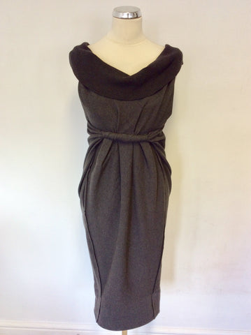 DONNA KARAN DARK GREY MERINO WOOL & SILK RIBBED COLLAR COTTON QUIRKY DRESS SIZE P UK 8