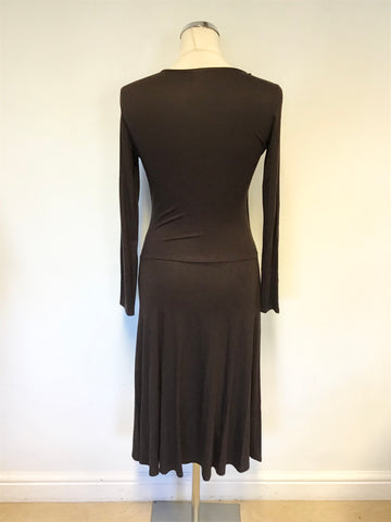 PHASE EIGHT DARK BROWN STRETCH JERSEY LONG SLEEVE WRAP DRESS SIZE 8