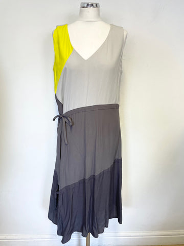 MINT VELVET GREY & YELLOW TRIM SLEEVELESS TIE SIDE DRESS SIZE 14