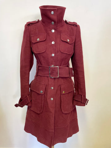 KAREN MILLEN BURGUNDY BRUSHED COTTON BELTED KNEE LENGTH COAT SIZE 10