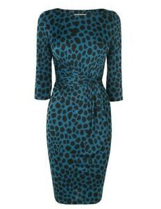 LK BENNETT CELOSIA TEAL & BLACK PRINT 3/4 SLEEVE PENCIL DRESS SIZE 12