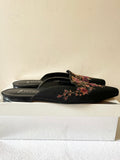 GINA BLACK EMBROIDERED TEXTILE POINTED TOE FLAT MULES SIZE 7.5/41