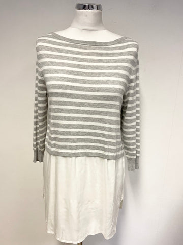 MINT VELVET GREY & WHITE STRIPED 3/4 SLEEVE JUMPER WITH SHIRT TRIM SIZE 10