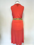ROBERTO CAVALLI CLASS CORAL & FLORAL PRINT SATIN SASH WAIST SLEEVELESS DRESS SIZE 42 UK 10