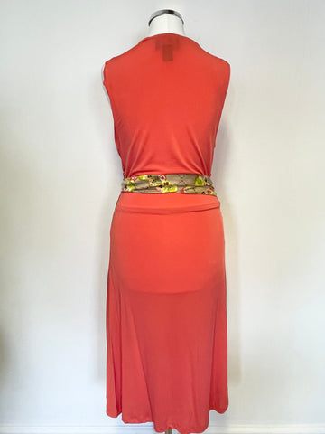 ROBERTO CAVALLI CLASS CORAL & FLORAL PRINT SATIN SASH WAIST SLEEVELESS DRESS SIZE 42 UK 10