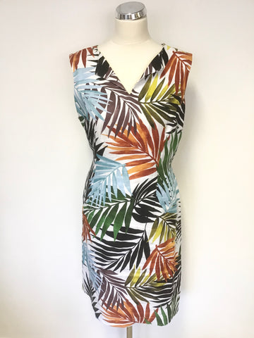 HOBBS MULTI COLOURED LEAF PRINT LINEN SLEEVELESS BELTED SHIFT DRESS SIZE 14