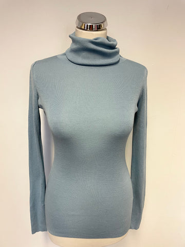 JIGSAW LIGHT BLUE SILK & COTTON FINE KNIT POLO NECK JUMPER SIZE S
