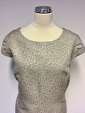 JAEGER SILVER & BLUE PRINT SPECIAL OCCASION PENCIL DRESS SIZE 18