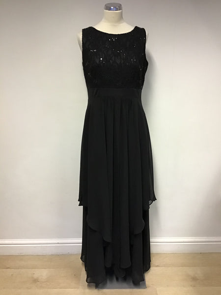 ROMAN BLACK LACE & SEQUIN TOP LONG TIERED EVENING DRESS SIZE 14