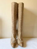 LK BENNETT MOYA BEIGE SUEDE & PATENT LEATHER TOE HEELED KNEE LENGTH BOOTS SIZE 6/39