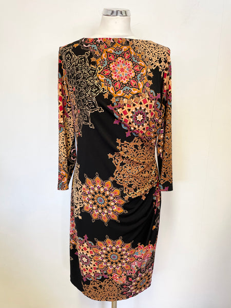 JOSEPH RIBKOFF BLACK & MULTI COLOURED PRINT 3/4 SLEEVE STRETCH PENCIL DRESS SIZE 16