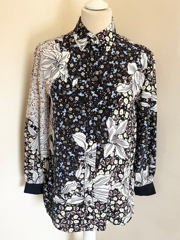 JIGSAW BLACK,BLUE,BROWN & WHITE FLORAL PRINT SILK SHIRT SIZE 6