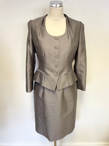 LK BENNETT GREY WOOL & SILK PENCIL DRESS & JACKET SUIT SIZE 10