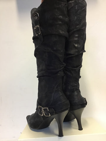 MARCO TOZZI BLACK SUEDETTE BUCKLE TRIM KNEE LENGTH BOOTS SIZE 7/40
