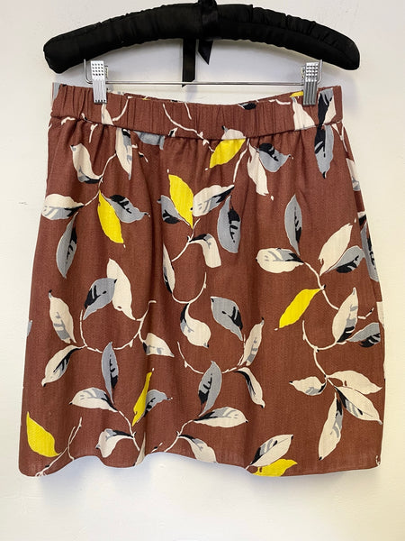 BODEN BROWN,LEMON & GREY LEAF PRINT ELASTICATED WAIST COTTON SKIRT SIZE 12R