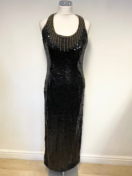UNBRANDED BLACK SEQUINNED & BEAD TRIMMED SILK LONG EVENING DRESS SIZE 10