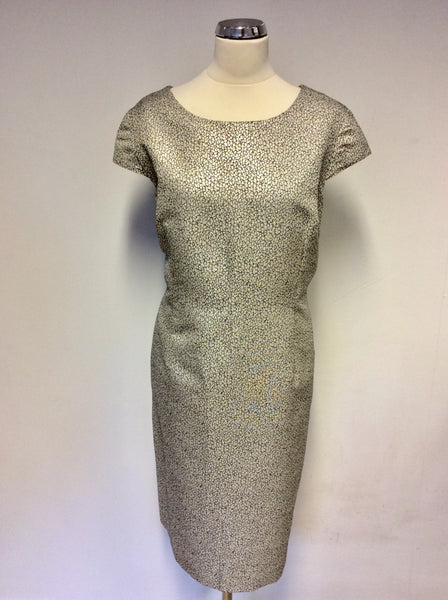JAEGER SILVER & BLUE PRINT SPECIAL OCCASION PENCIL DRESS SIZE 18