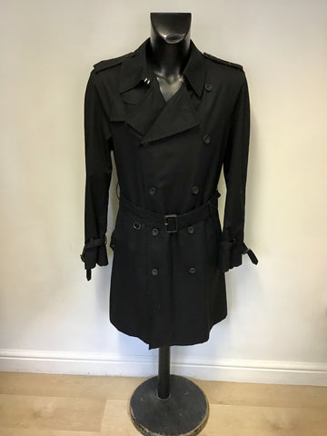 AQUASCUTUM BLACK KNEE LENGTH BELTED TRENCH COAT SIZE 42R