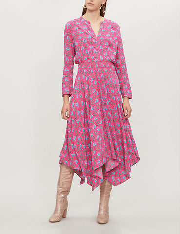 MAJE RAYINA DARK PINK DITSY FLORAL PRINT LONG SLEEVE ASYMMETRIC HEM DRESS SIZE 1 UK 8/10